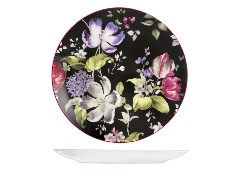 H&H Bouquet Set of 12 Dinner Plates, Porcelain, Floral Decoration, Black, 27 cm