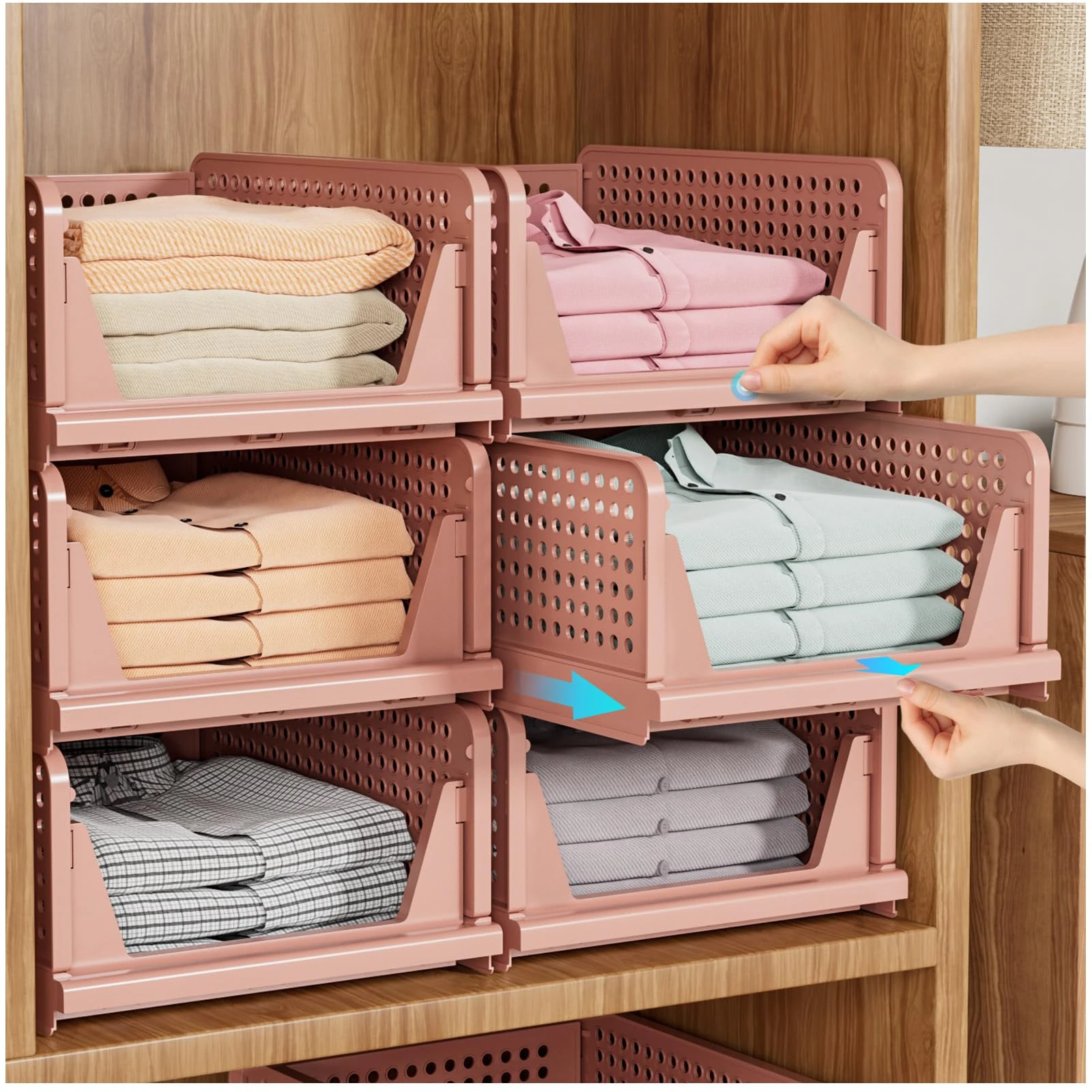 SNSLXH 5 Pack Stackable Closet Storage Boxes, Multifunctional & Foldable Closet Organizer for Bathroom Kitchen Laundry Room Wardrobe Storage, Space-Saving Wardrobe Storage Drawer Organizer, Pink