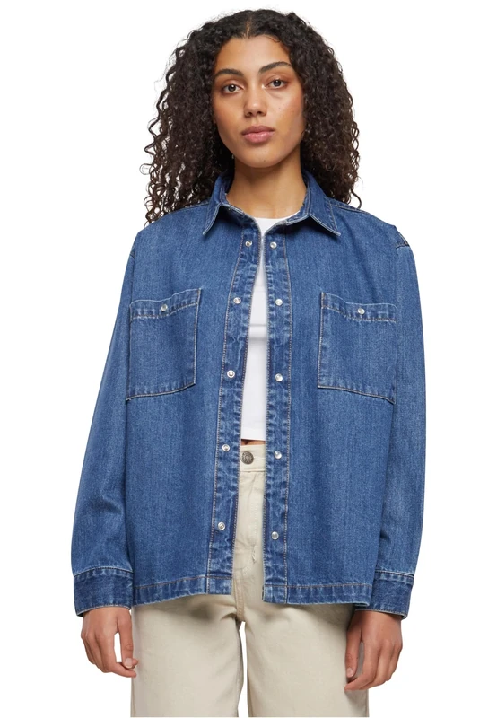 Urban Classics Women's Ladies Oversized Denim Shirt Shirt, Mid Indigo Washed,
