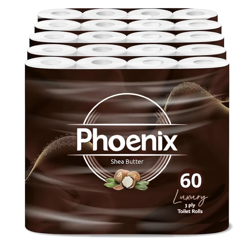 Phoenix Toilet Rolls – 60 Pack | 3 Ply Shea Butter Scented Toilet Paper | Bulk Buy, Soft, Quilted, Sustainably Sourced, Eco- Friendly Luxury Bathroom Tissue