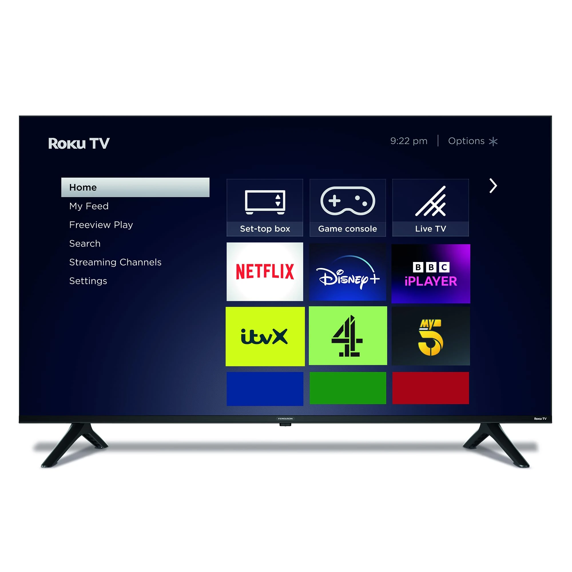 Ferguson 65″ 4K UHD Smart Roku TV with 3 Year Warranty. Made in UK Dolby Audio, Miracast, Freeview Play, Disney+, Netflix, Prime Video, Apple TV+, BBC iPlayer