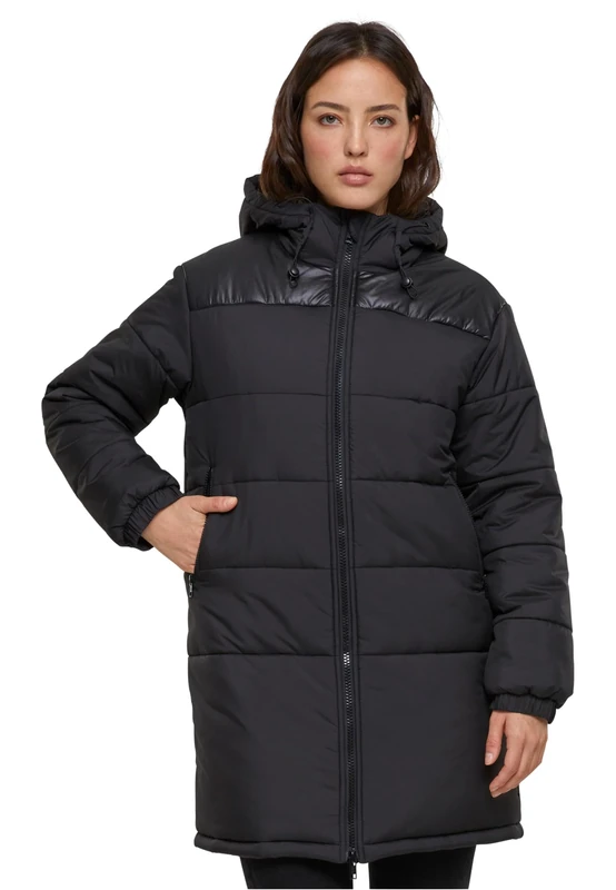 Urban Classics Women's Ladies Hooded Mixed Puffer Coat Jacket, Black, XS