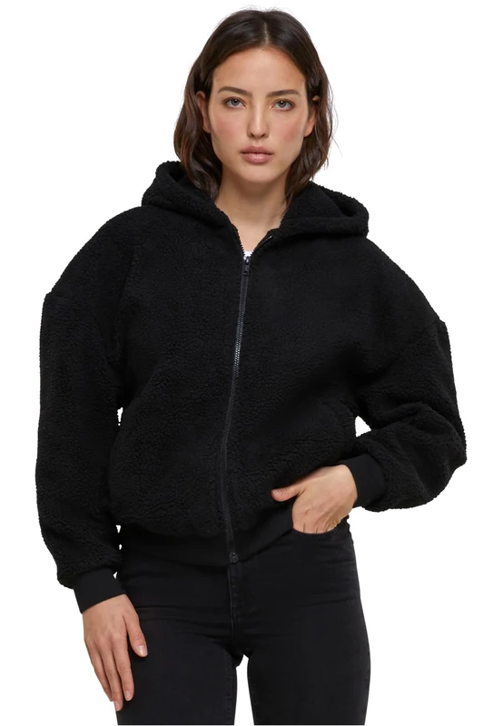 Urban Classics Women's Ladies Oversized Sherpa Zip Hoody Hooded Sweatshirt, Black, 5X-Large