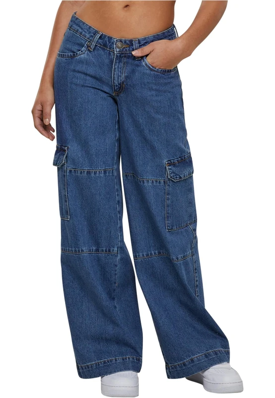 Urban Classics Women's Ladies Low Waist Cargo Denim Pants, Mid Indigo Washed, 2