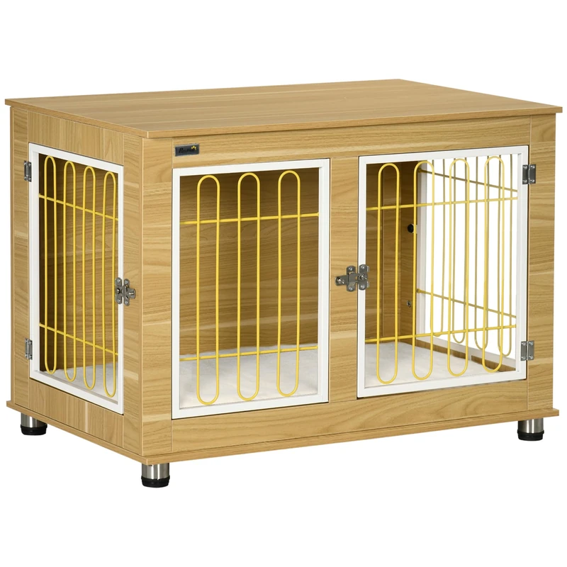PawHut Dog Crate Furniture, Indoor Dog Kennel Side End Table with Cushion, Double Doors, for Medium and Large Breeds, 90 x 58 x 65 cm, Oak