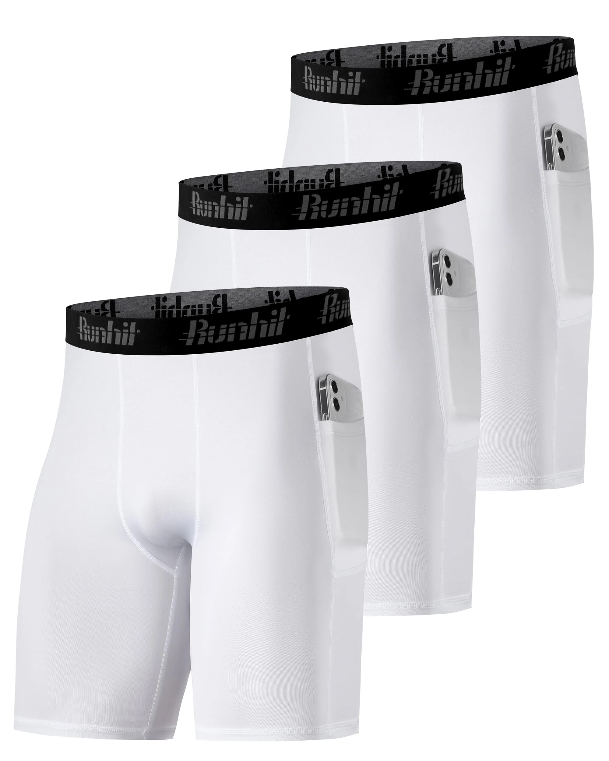 Runhit Compression Shorts Men Underwear Spandex Running Shorts Workout Athletic, 3 Pack Pocket:white*3, Large