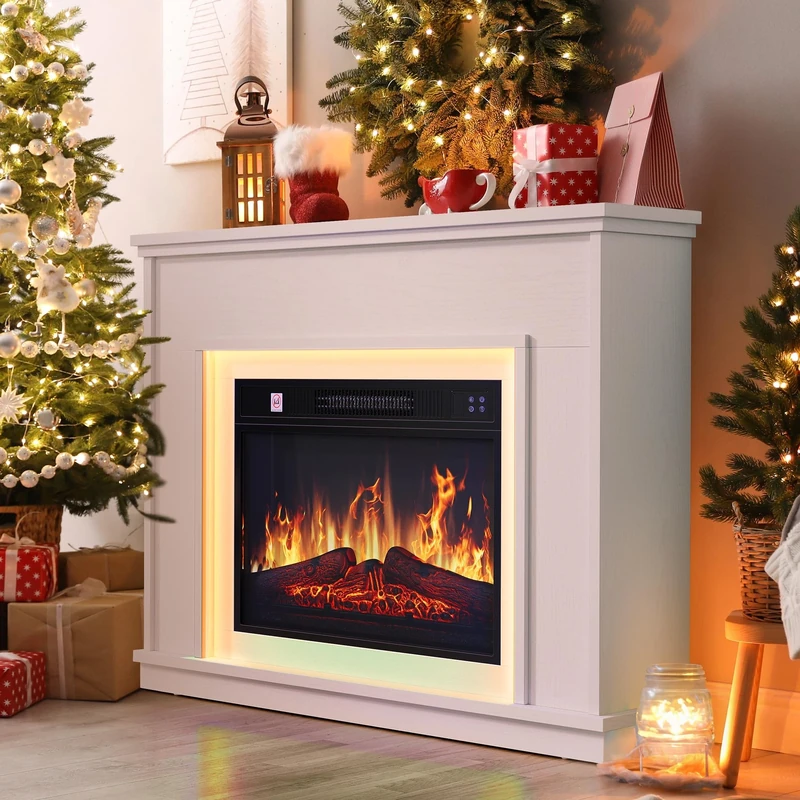 YITAHOME Fireplace, White Electric Fireplace and Surround Fireplace Suite 39" with Programmable 7day Remote Control, Modern Realistic LED Flame, with Timer and LED Light Strip, 26D x 100W x 80.5H