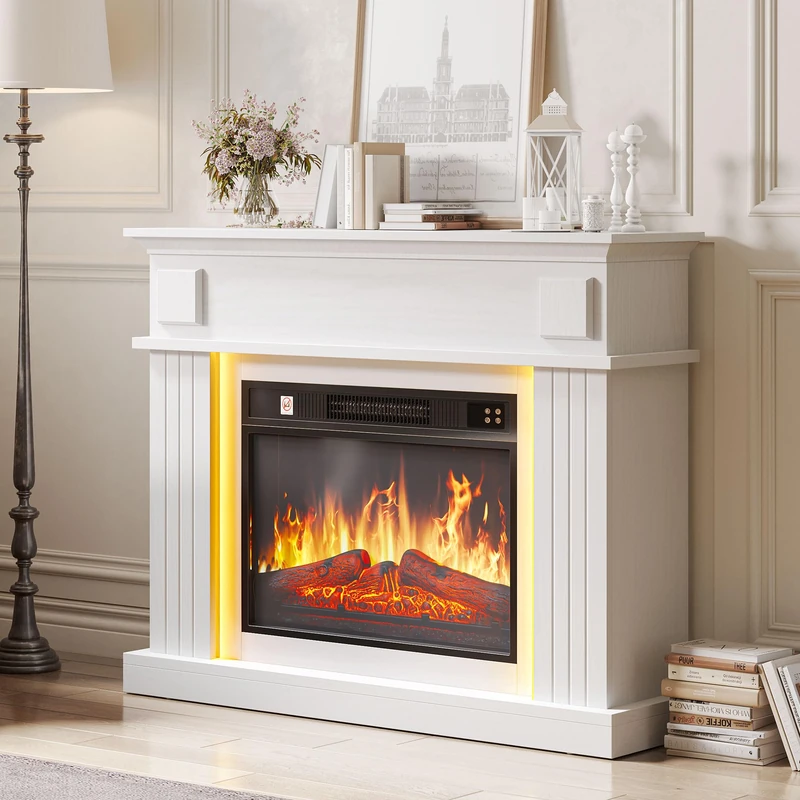 YITAHOME Electric Fireplace, White Electric Fire and Surround Fireplace Suite 39" with Programmable 7Day Remote Control Free Standing Modern Realistic LED Flame with Timer and 16 Color LED Light Strip