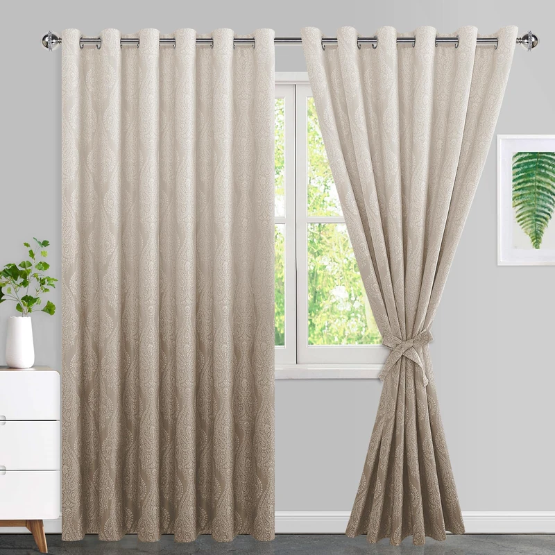 JIUZHEN Taupe Ombre Blackout Curtains for Bedroom– Damask Patterned Thermal Insulated Noise Reducing Grommet Curtains with Tiebacks, 70 x 84 Inches, Set of 2 Window Curtain Panels