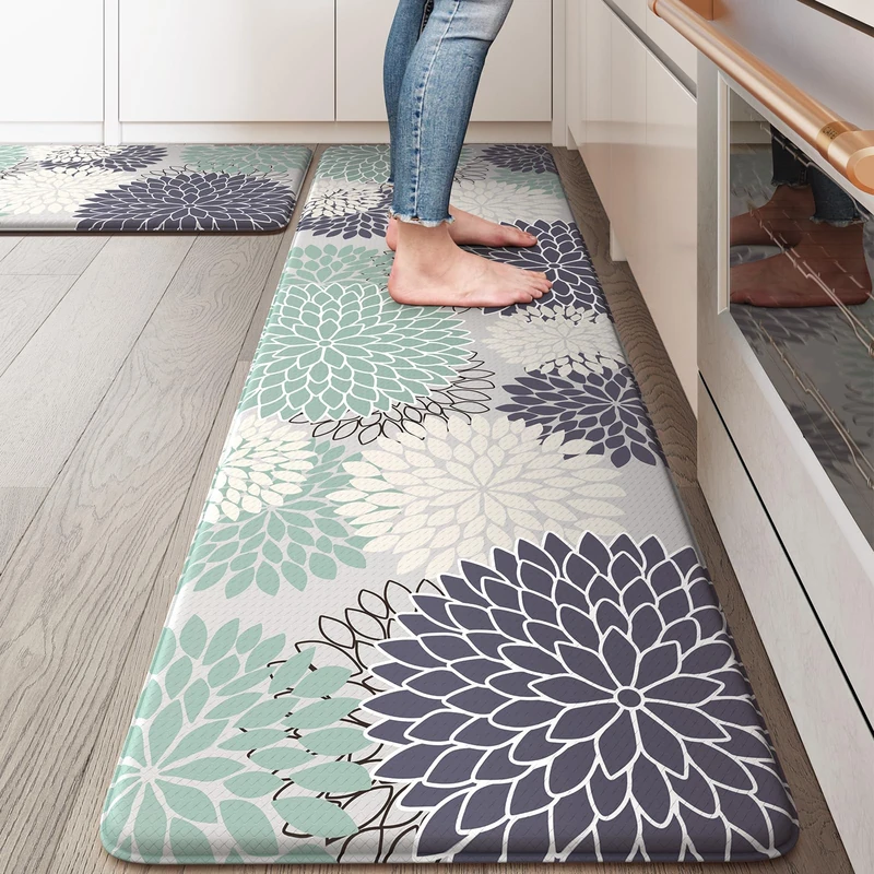 Anti Fatigue Kitchen Mats,Non Slip Boho Kitchen Rugs Sets 2 Piece,Waterproof Farmhouse Kitchen Mat for Floor,Cushioned Standing Mat for Office,Laundry,Sink,Desk,Mutil-Cyan