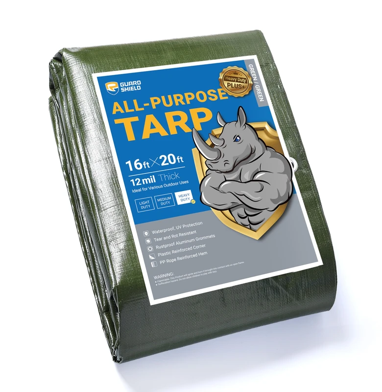GUARD SHIELD Green Tarps Heavy Duty Plus+ Waterproof 16x20 Feet, 12mil Large Tarp with Reinforced Grommets, Outdoor Cover for Roof, Car, Boat, Truck and Ground Pool