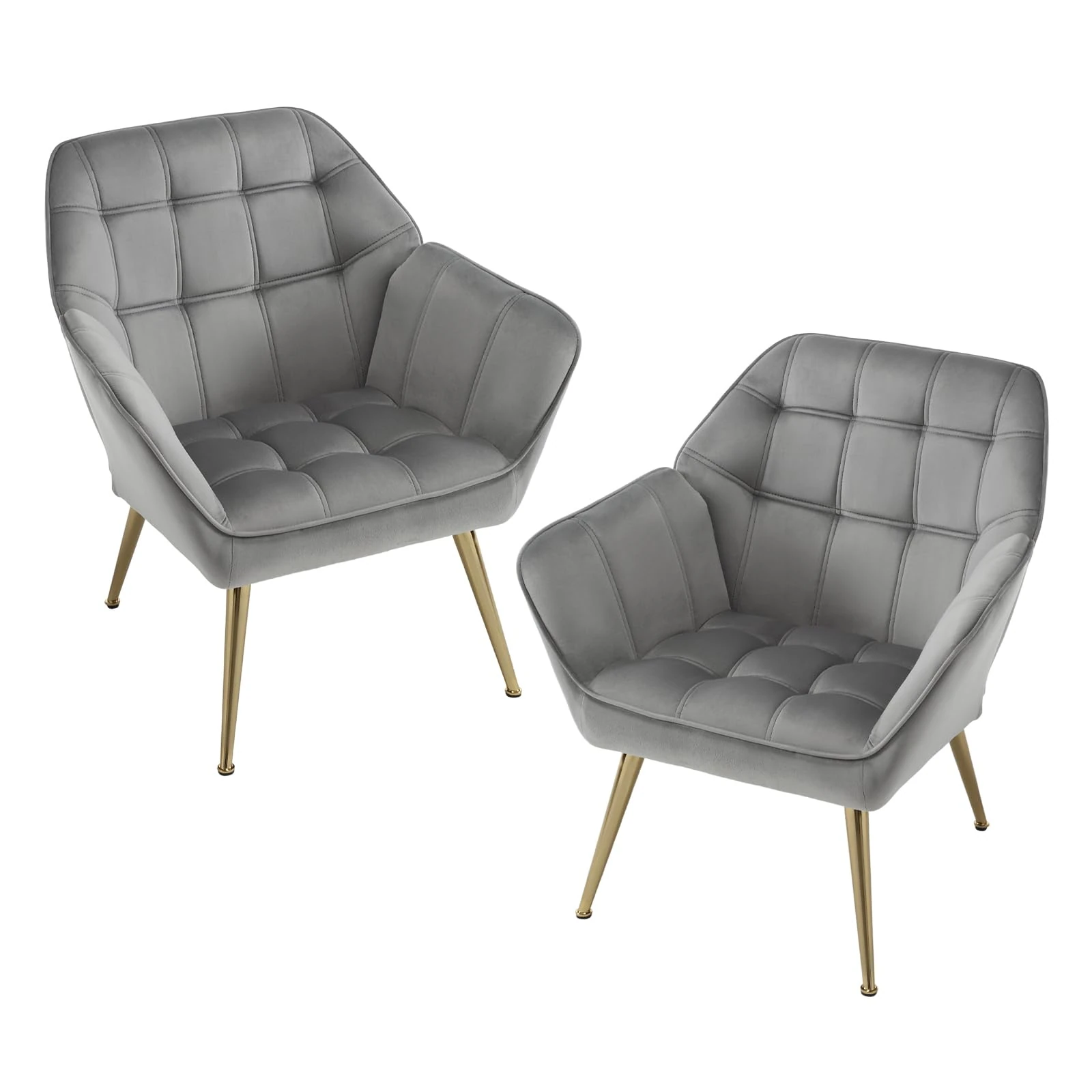 chairus Set of 2 Upholstered Tub Chairs Velvet Single Sofa Accent Chair for Living Room Modern Armchair Cocktail Chair with Metal Legs (Gray-2)