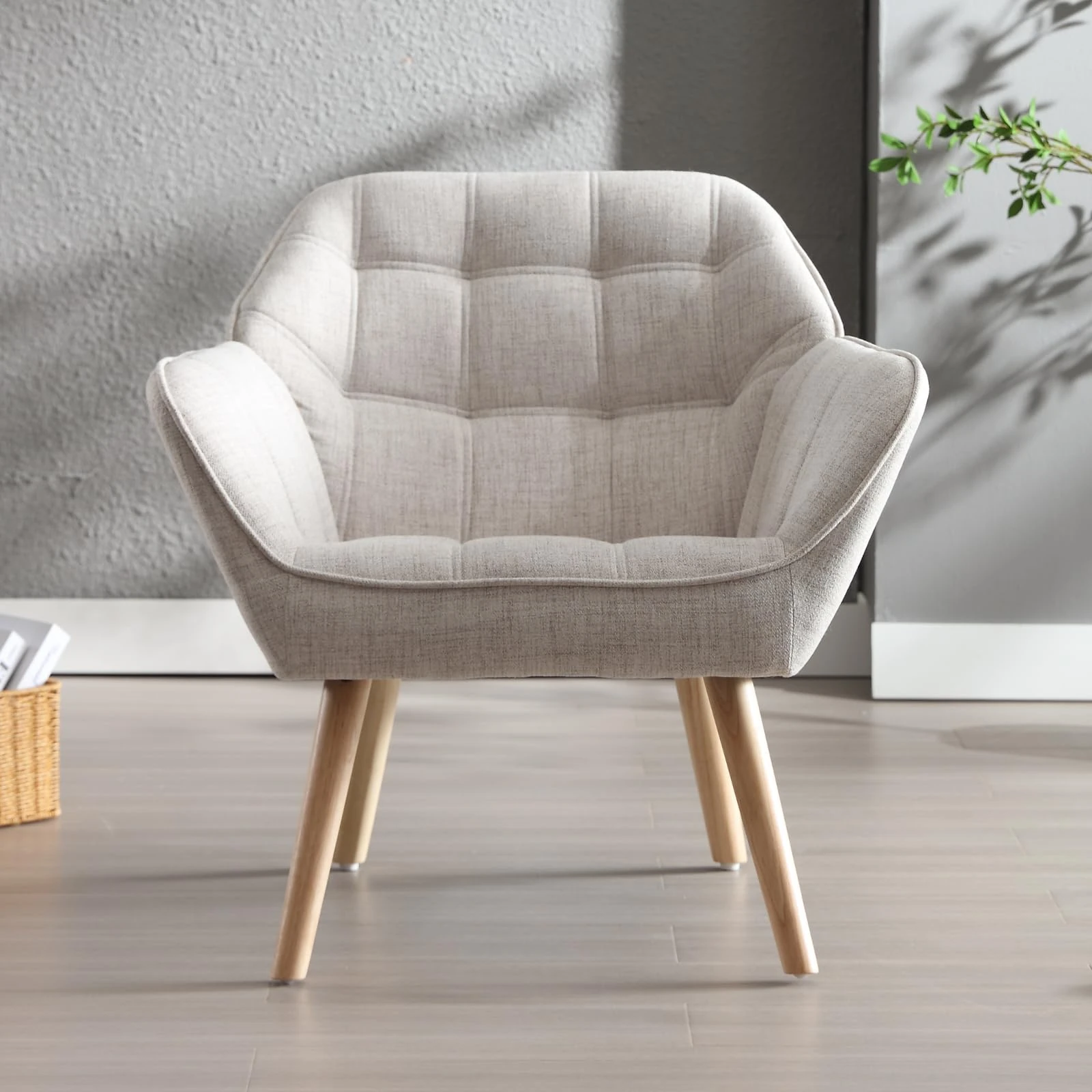 chairus Upholstered Tub Chairs Linen Single Sofa Accent Chair for Living Room Modern Armchair Cocktail Chair with Wooden Legs (Beige-1)