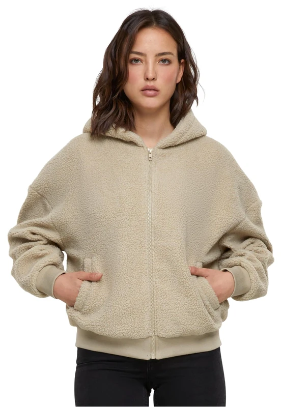 Urban Classics Women's Ladies Oversized Sherpa Zip Hoody Hooded Sweatshirt, Wetsand,