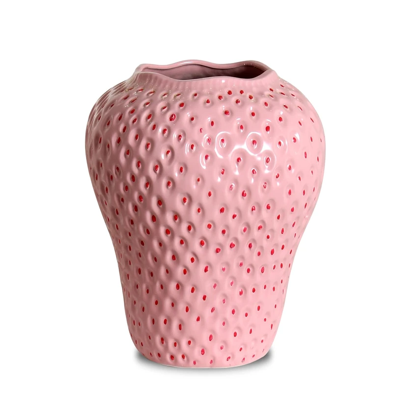 SANFERGE Strawberry Ceramic Flower Vase, Giant Decorative Cute Fruit Ornament Vase for Flower Arrangement, Unique for Modern Vintage Home Kitchen Office Decor Centerpiece, Large Pink