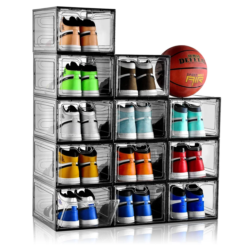INSTY 12 Pack Gray Transparent Shoe Storage Organizer, Stackable Shoe Boxes for Closet, Drop Front Plastic Shoe Box with Grey Door, Easy to Assemble, Fit up US Size 12(13.4”x 9.8”x 7.1”)