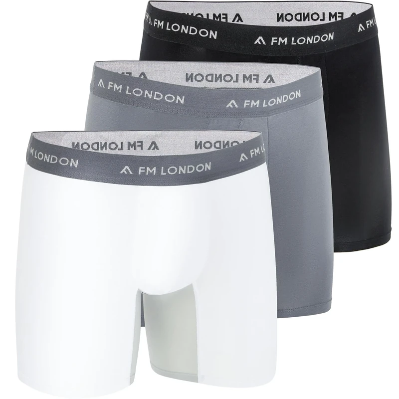 FM London 3-Pack Bamboo Boxers for Men with Anti Chafe Panels - Soft Long Leg Boxers with Contoured Pouch - Moisture Wicking, Tag Free and Breathable Men's Underwear