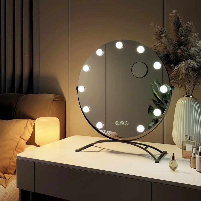 EMKE Hollywood Round Makeup Mirror Diameter 50 cm, Black Frame, 7X Magnifying Mirror with 11 LED Bulbs, Touch Switch, 360° Rotation, Light 3000K/4000K/6500K