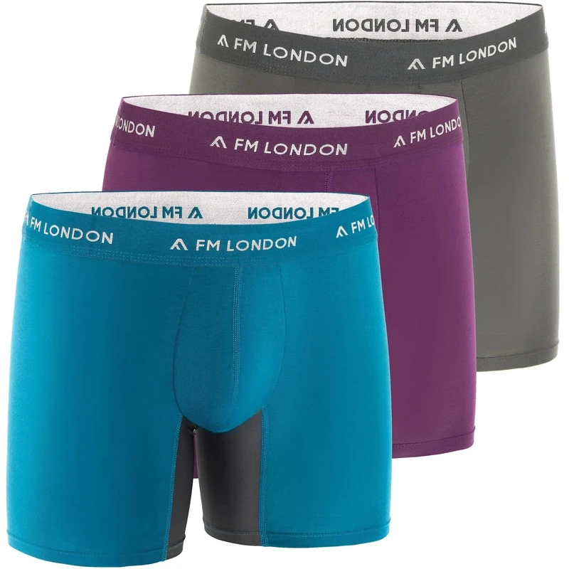FM London Mens (3-pack) Bamboo Boxers For With Anti Chafe Panels Briefs, Charcoal, Green, Purple, L UK