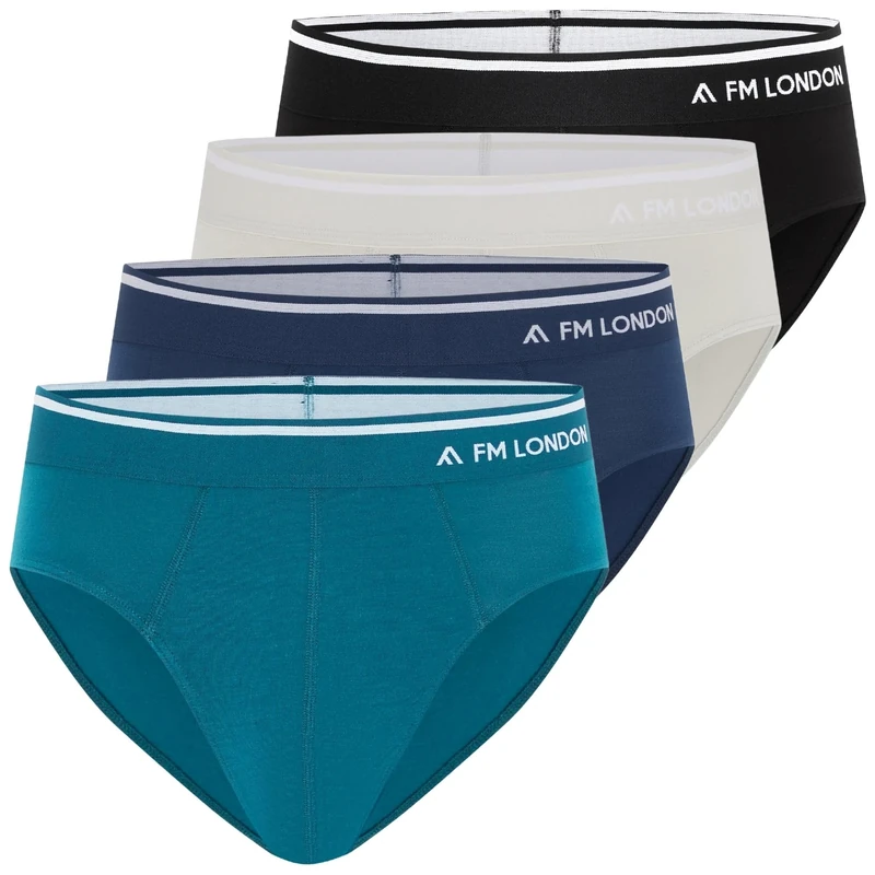 FM London Mens (4-pack) Bamboo Briefs, Black, Blue, Grey, L UK