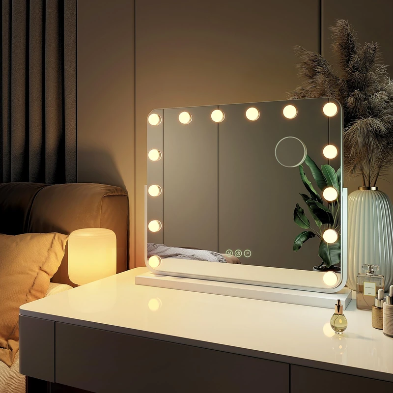 EMKE Hollywood Makeup Mirror 57 x 48 cm Magnifying Mirror with LED Bulbs White Frame Touch Switch 3 Colours Dimmable 360° Rotation