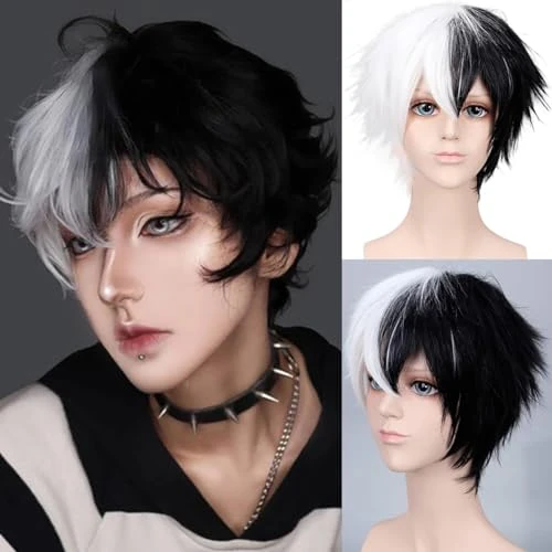 YEESHEDO White and Black Unisex Short Bob Anime Cosplay Wigs Full Natural Layer Straight Fluffy Hair Costume Party Fancy Dress Wig