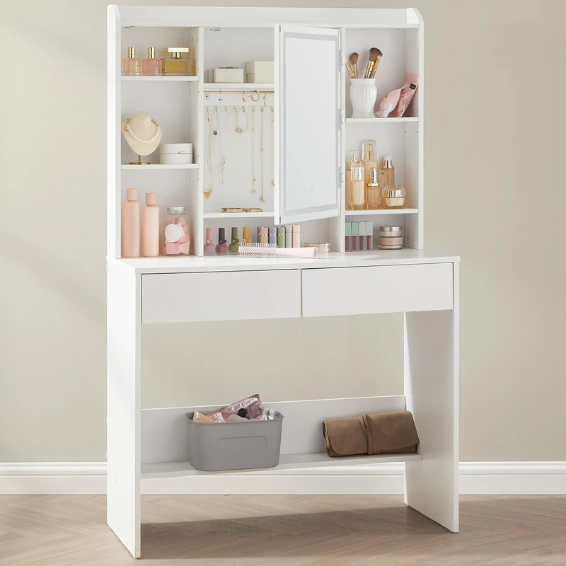VASAGLE KAILYN Collection - Dressing Table with LED Lights, 3 Colours, Vanity Desk with Mirror, Vanity Table with 2 Drawers, Makeup Desk, Modern, White RDT123W01
