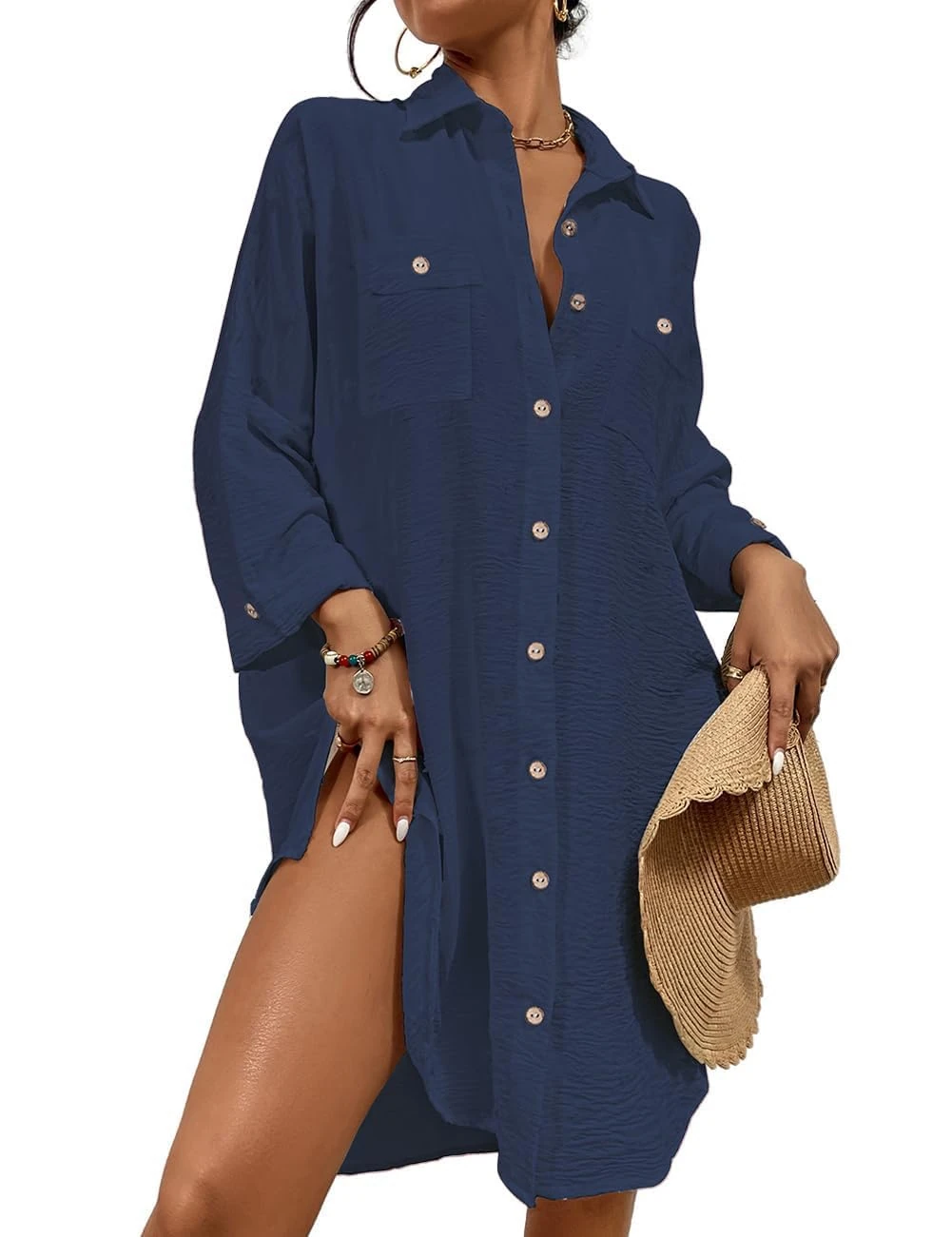Bsubseach Modern Swimsuit Coverups for Women Button Down Beach Shirt Dress Tops Resort Wear Navy Blue L