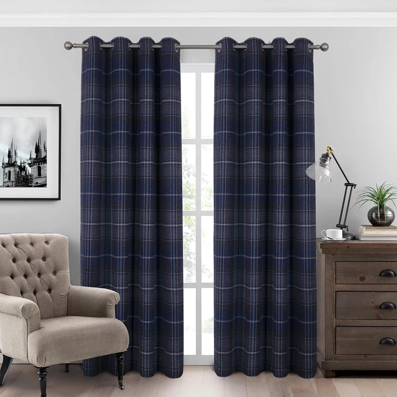 always4u Woolen Look Plaid Curtains Modern Window Panels Navy Blue Check Tartan Curtains for Living Room Bedroom 2 Panels Navy Blue 54 * 63 Inches