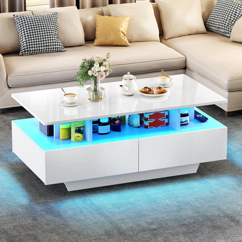 YITAHOME Coffee Table with Storage, High Glossy 16 Color Adjustable LED Coffee Tables for Living Room, white Coffee Table with Open Display Shelf and 4 Drawers, Modern Wooden Rectangle Tea Table