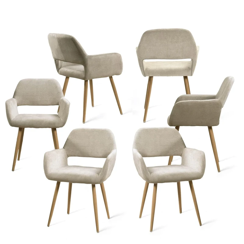 MEUBLE COSY Dining Chairs Set of 6 with Arms Fabric Upholstered Seat Backrest Armchair for Dressing Table Desk Lounge Living Room Kitchen Bedroom Home Office, Metal Legs, Beige