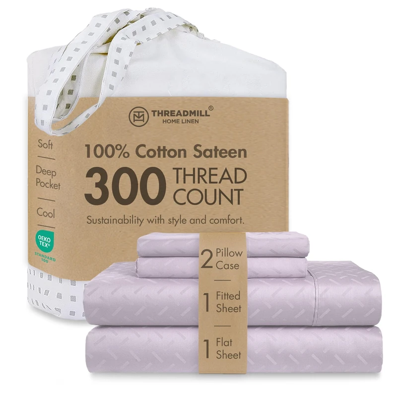 Threadmill 100% Cotton Sheets for King Size Bed | 4 Pc King Bed Sheets Set | Soft, Breathable Lightweight Damask Sateen for All-Season Use | Snug Fit Elastic Deep Pocket King Sheets | Lilac
