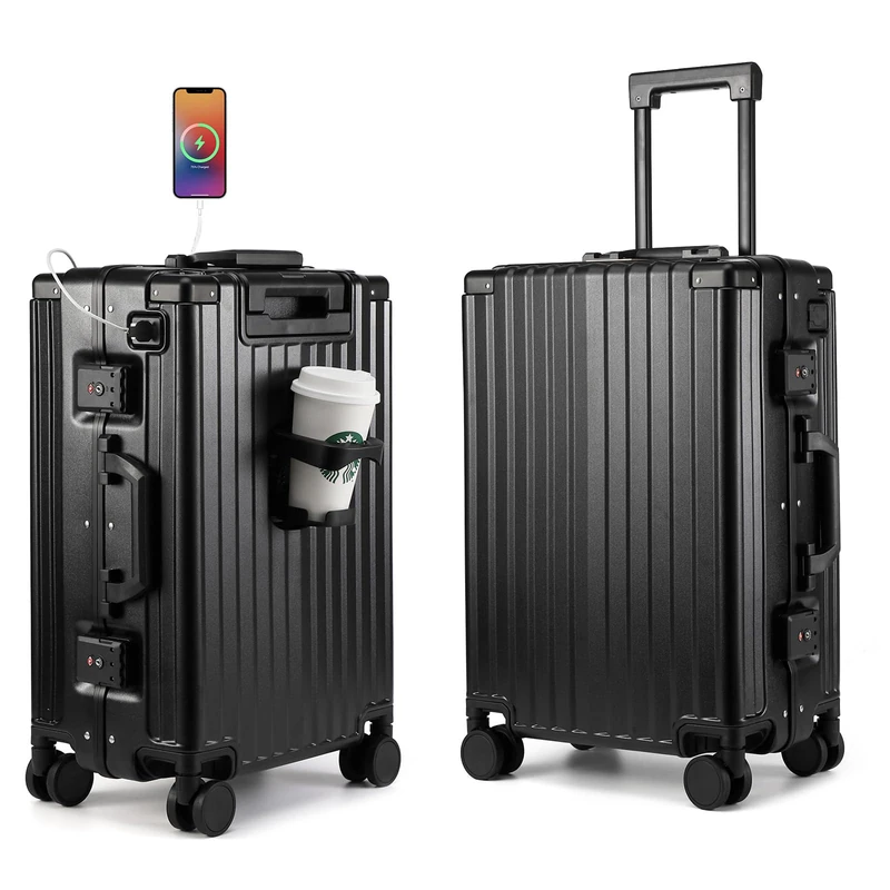 MYER Carry On Luggage with Spinner Wheels,Aluminum Framed Carry On Suitcase with TAS Lock,Hard Shell suitcases with Cup Holder and USB Port, Classic Black, 24 Inch, Checked Luggage With Cup Holder and