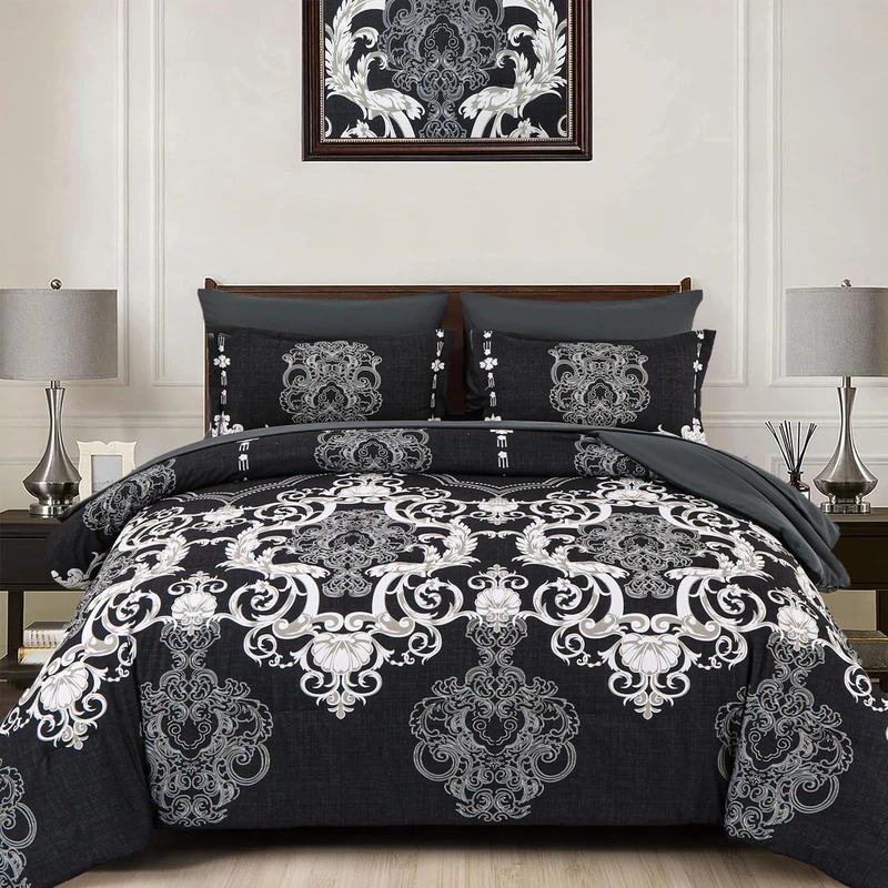 Black Bed in a Bag King Size 7 Pieces,Boho Damask Pattern Bedding Set,Modern Ultra Soft Printed Bedding Comforter Set for All Season(Comforter, 2 PillowShams, Flat Sheet, Fitted Sheet, 2 PillowCases)