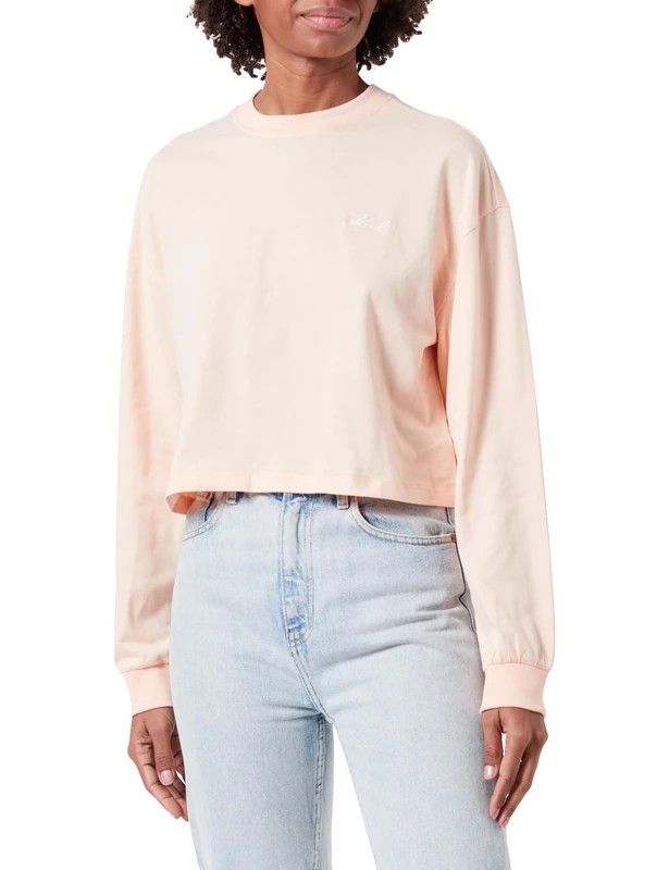 KARL LAGERFELD Women's Signature Longsleeve Top T-Shirt, Pale Peach, Large
