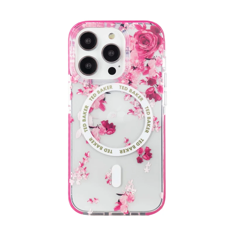 Ted Baker Scattered Flowers Antishock Case Compatible with iPhone 15 Pro Compatible with Magsafe - Clear Pink