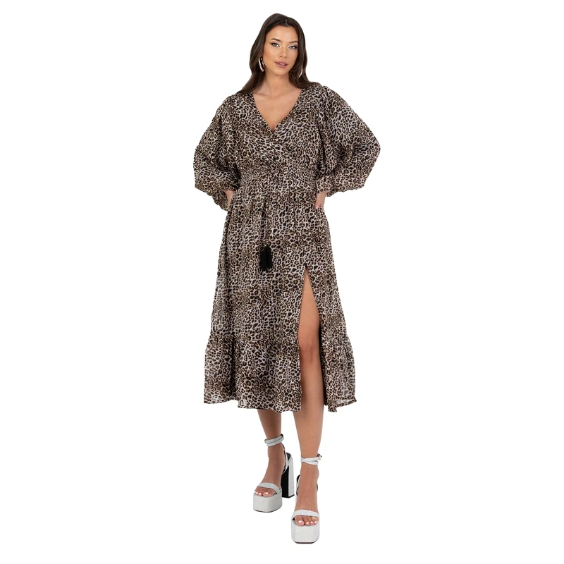 Lovedrobe Women's Midi Dress Ladies V-Neck Long Balloon Sleeve Faux-Wrap Thigh Split Shirred Waist Tassel Belt A-line Smart Casual Dress,