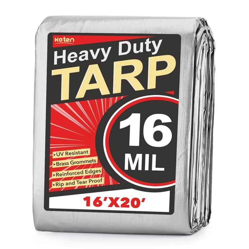 Keten Tarps Heavy Duty Waterproof 16’ X 20’, Extra Thick 16 Mil, Tear & Fade Resistant, 100% UV Blocking, Outdoor Tarp with Reinforced Grommets for Roof, Camping, Patio, Pool, Boat(Silver/Black)