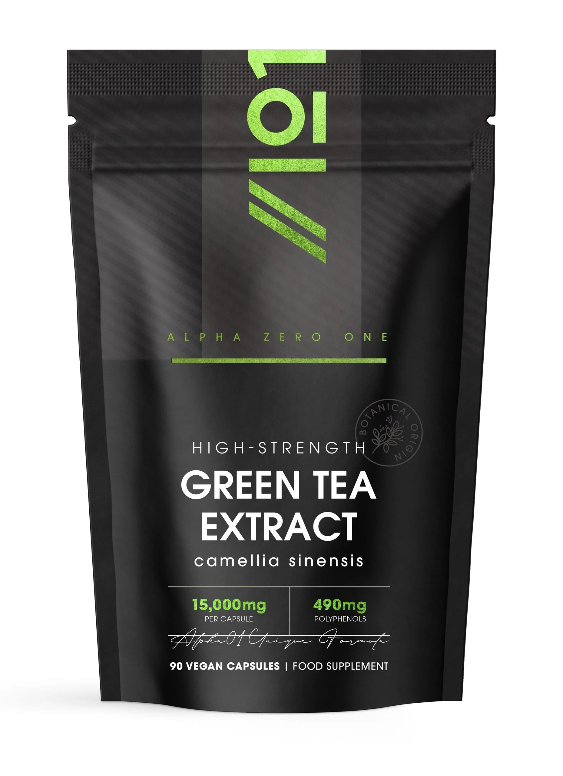 Green Tea Extract 15,000mg - 95% Polyphenols (490mg per Capsule) - 90 Vegan Capsules (3 Months Supply) - Resealable and Recyclable Pouch - by Alpha01