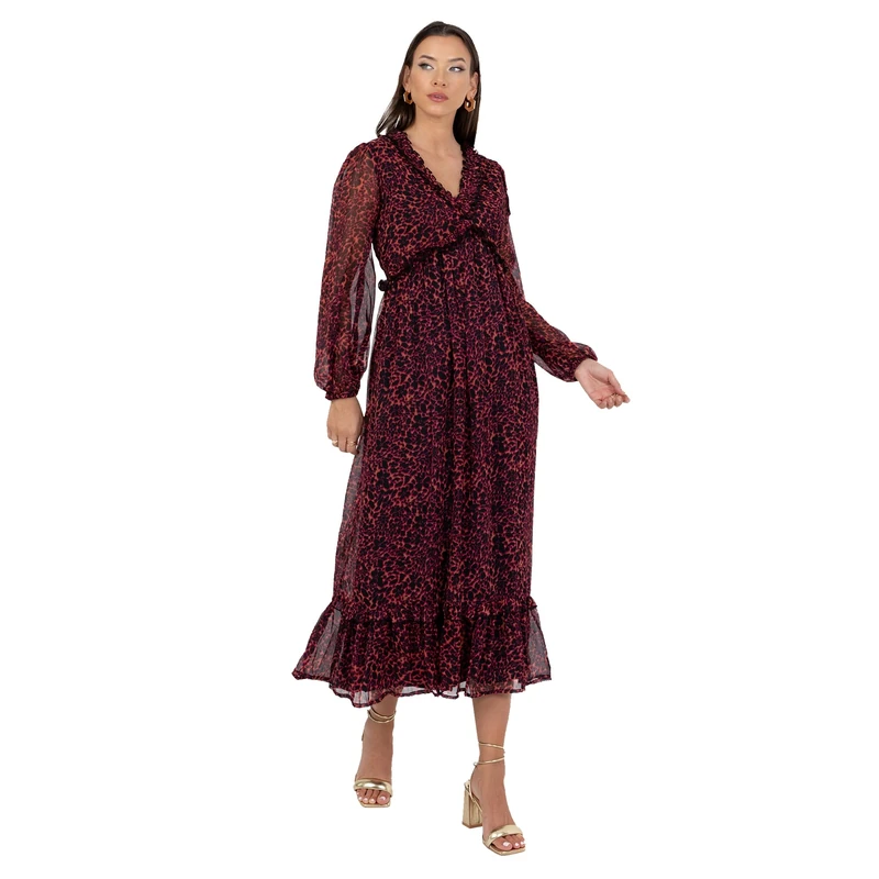 Lovedrobe Women's Midaxi Dress Ladies Long Sleeve V-Neckline Tie Back Frilly Ruffle Detail A-line Printed Smart Casual Occasion Dress,