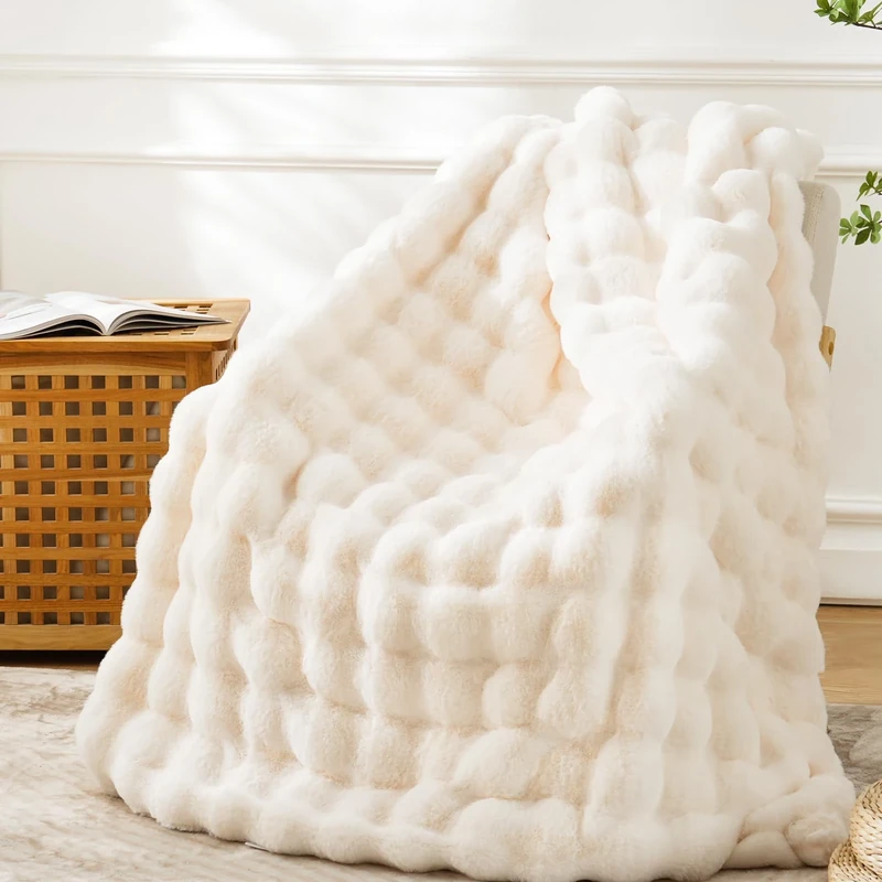 BENVWE Faux Fur Throw Blanket - Soft, Cozy and Thick Fleece Bubble Plush for Couch Chair Bed 51x63 Inches White
