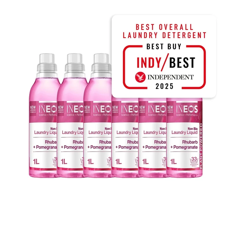 INEOS Next-Gen Non Bio Laundry Washing Liquid Detergent, 198 Washes (6 x 1L), High Performance Stain Remover For Clothes, Plant Powered, For Sensitive Skin, Rhubarb + Pomegranate, Packaging May Vary