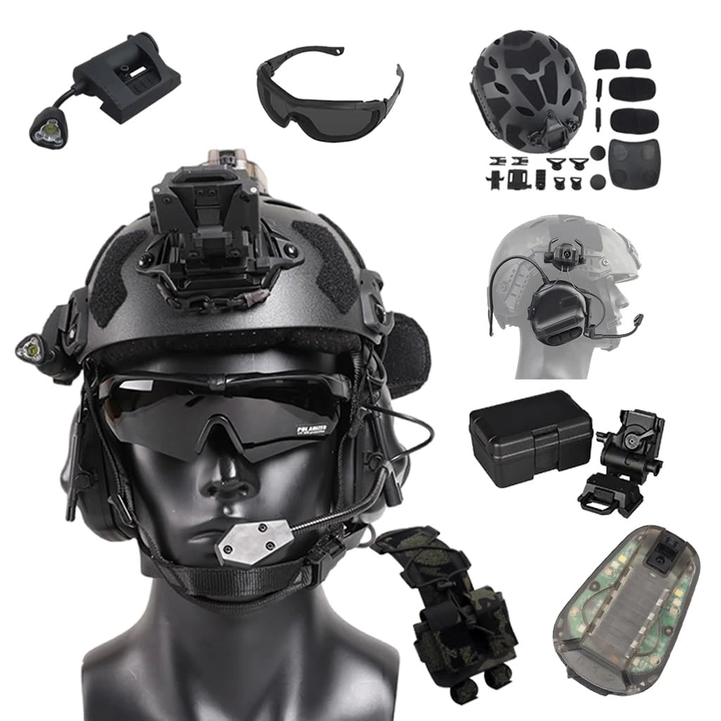 Tactical Fast Helmet Combined,With Pickup Noise Canceling Headphones And Binoculars Model, Face Shield And Goggles, Flashlight, Signal, NVG Bracket For Airsoft Paintball CS Game Set (Color : BK5)