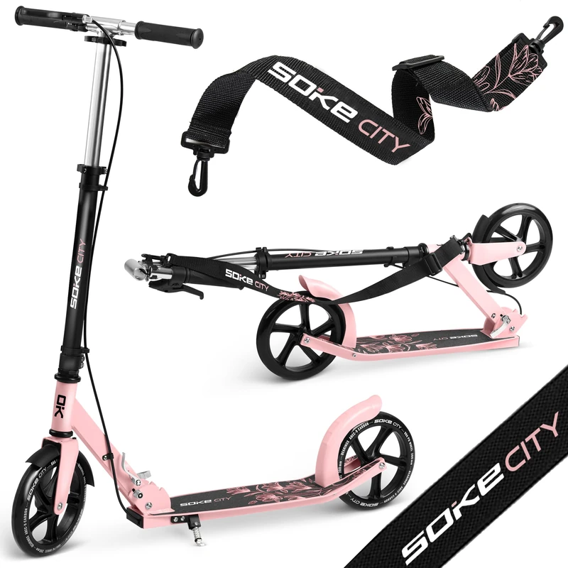 Large folding city scooter with foot brake and hand brake pink Soke City