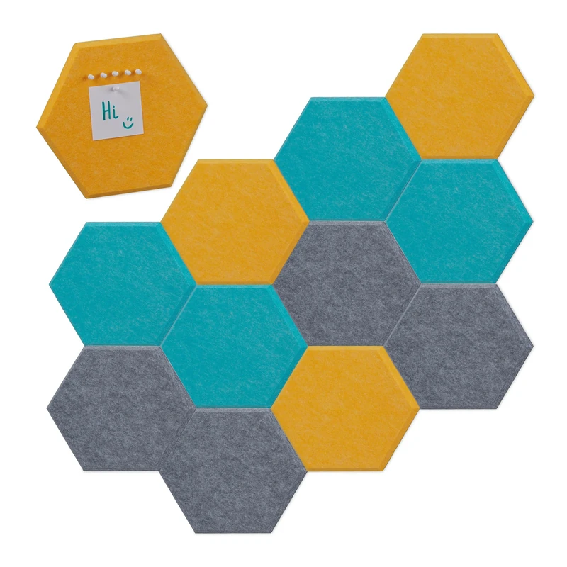 Relaxdays Felt Boards, Set of 12, 3 Colours, Adhesive Hexagons, 26x30x0.9 cm, Bulletin, Push Pins, Multicoloured, 26 x 30 x 0.9 cm