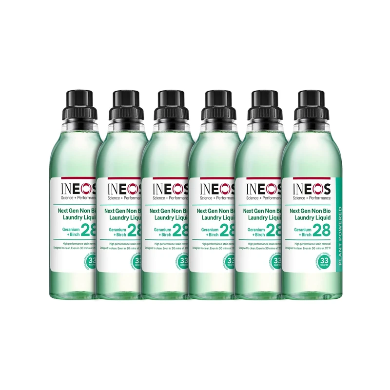 INEOS Next-Gen Non Bio Laundry Washing Liquid Detergent, 198 Washes (6 x 1L), High Performance Stain Remover For Clothes, Plant Powered, For Sensitive Skin, Geranium + Birch, Packaging May Vary