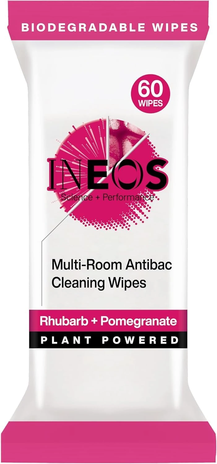 INEOS Next-Gen Antibac Multi-Room Disinfectant Biodegradable 60 Wipes, Rhubarb + Pomegranate, Kills 99.9% of Bacteria + Viruses, Plant Powered, Packaging May Vary