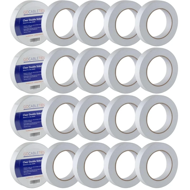 Gocableties Clear Double Sided Tape, 25mm (1”) x 33m, Strong Thin Double Sided Sticky Tape for Craft, Scrapbooking and Mounting Photos, 20 Rolls