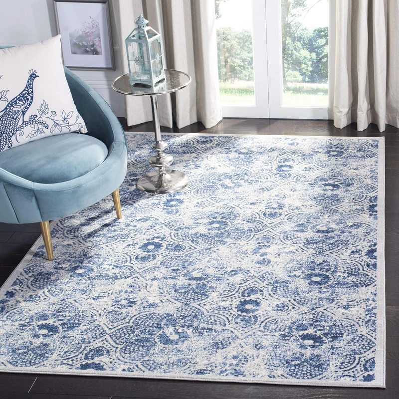 Safavieh Transitional Rug for Living Room, Dining Room, Bedroom - Brentwood Collection, Short Pile, in Cream and Blue, 91 X 152 cm