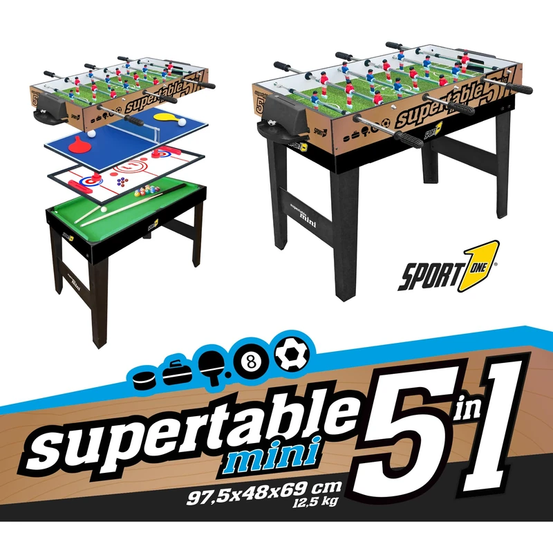 Sport1 Supertable Mini 5 in 1 Multi-Game Football Table Football Measures 97.5 x 48 x 69 cm. Multi-purpose home ticket: 3 vs 3 soccer, table tennis, hockey, billiards, curling. Complete with